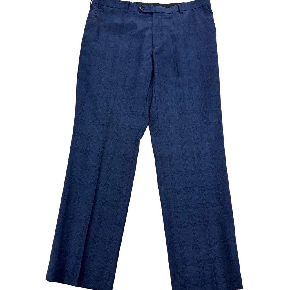 Spier & Mackay Dress Pants Mens 38x32 Blue Plaid Wool Flat Front Preppy Office